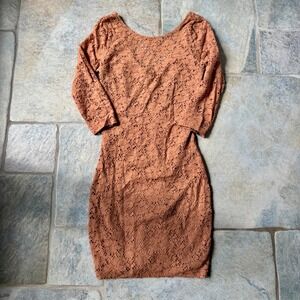 Y2K Mystic Crochet Bodycon Mini Dress Size Small Rust Stretchy V-Back Sweetheart